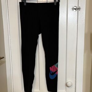 Nike Women's Black Leggings with Pink and Blue Logo